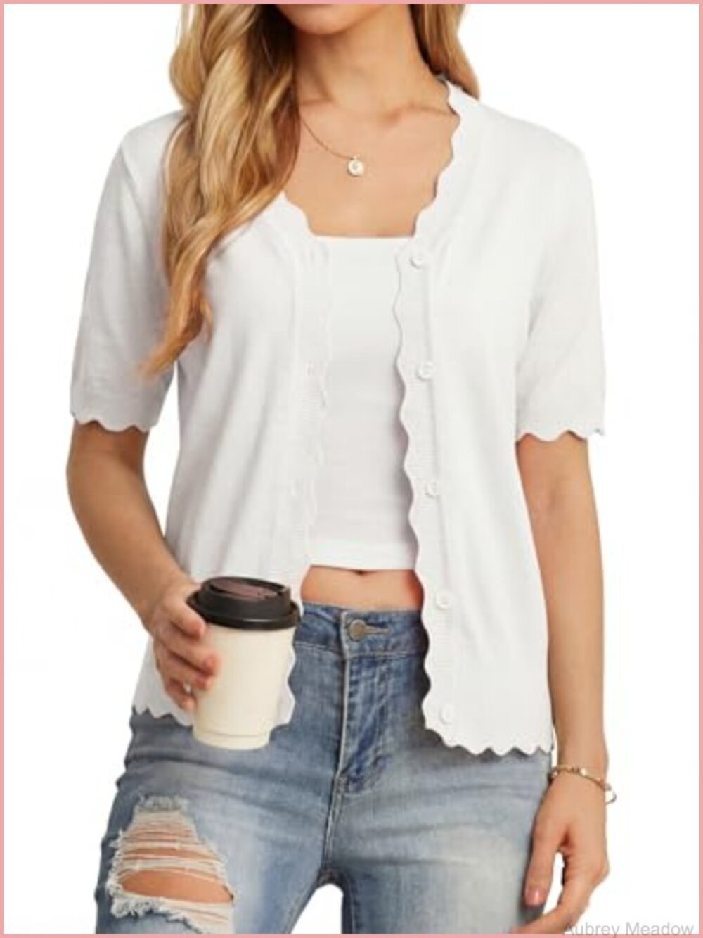 Women's Short Sleeve Cardigan Knit Scallop Edge Summer Lightweight